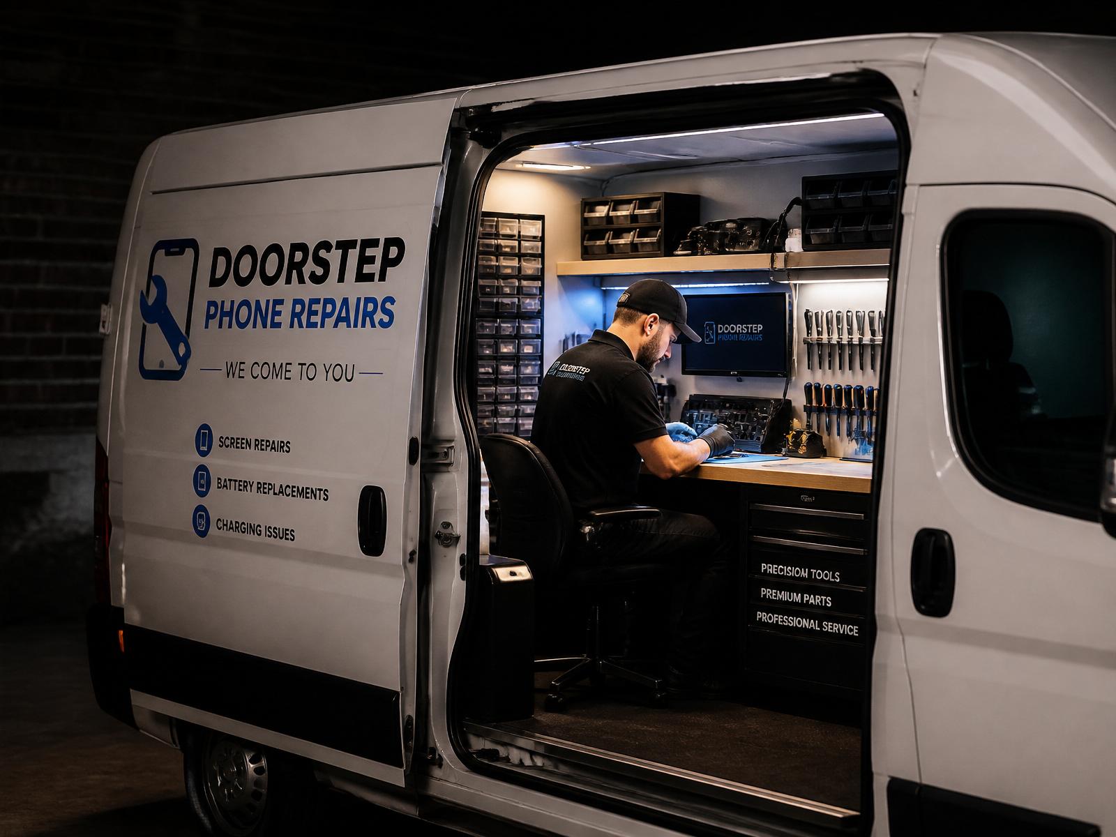 Doorstep Phone Repairs mobile workshop van with technician repairing a phone inside